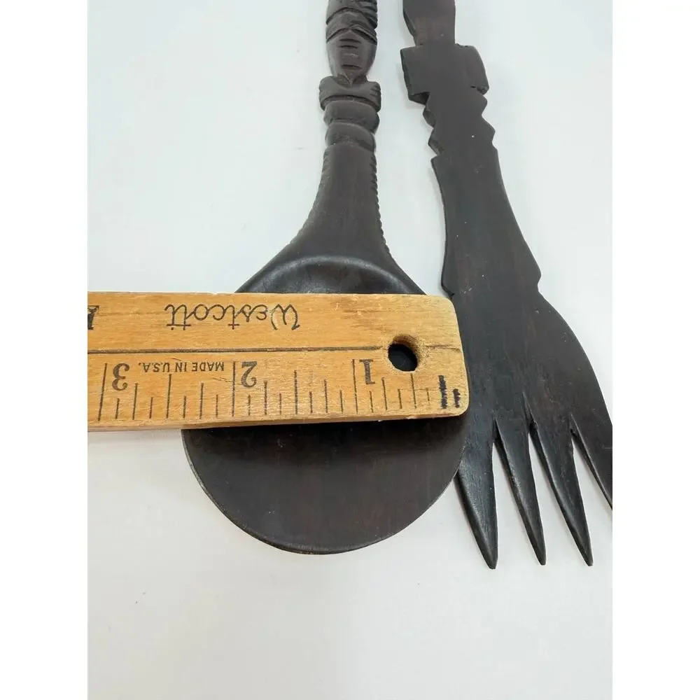 Vintage Hand Carved Wood Salad Serving Set Spoon Fork African Tribal Style